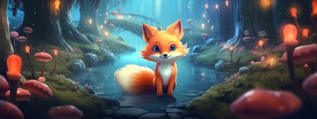 Cute small fox sitting in magic forest Kids book cartoon fairy tale style Banner Generative AI