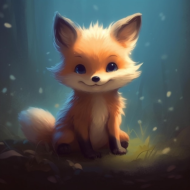 Cute small fox sitting in magic forest in night Flowers and lights at background Kids book cartoon