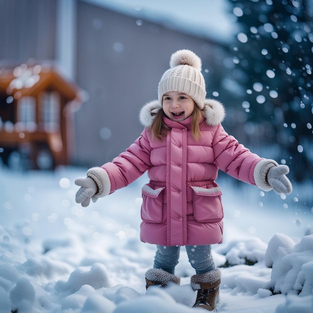 A cute small girl playing in snow