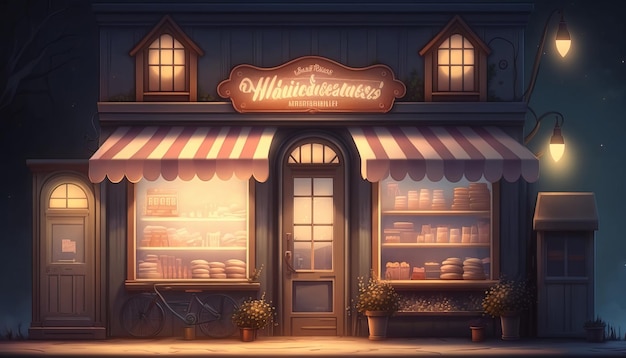 A cute and small grocery store in the neighborhood, at night.. AI generative.