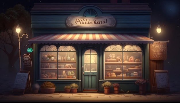 A cute and small grocery store in the neighborhood, at night.. AI generative.