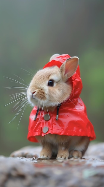 A cute small rabbit wearing a red raincoat Protecting from rain outside Photo for postcard calendar