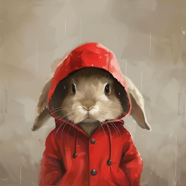 A cute small rabbit wearing a red raincoat Protecting from rain outside