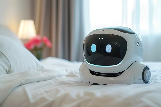 Cute small robot sitting on a white bed in a modern room with soft lighting and flowers in the background