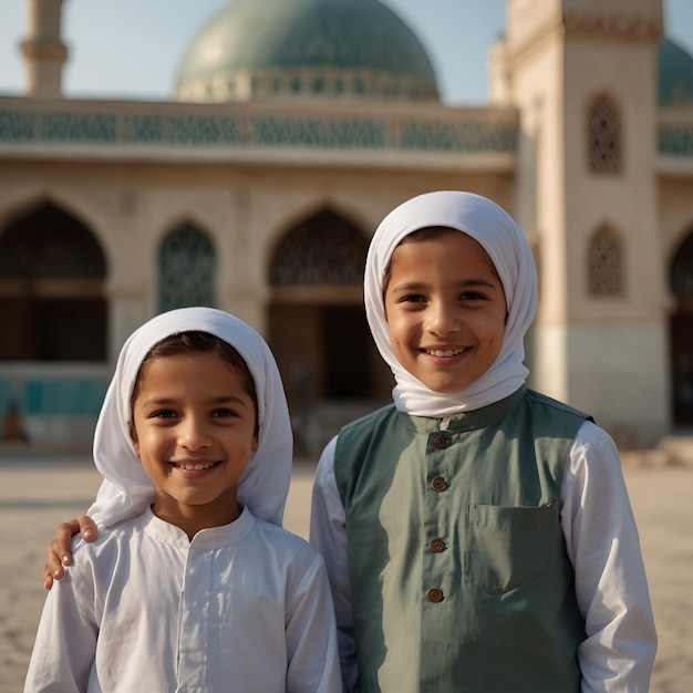 Photo cute small smiling muslim children in front of the mosque ai generated