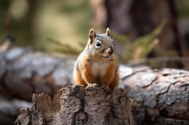 Cute small squirrel sitting on the tree trunk created with generative AI