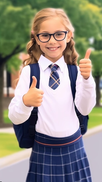 a cute and smart American girl with golden curly hair glasses and a summer school uniform