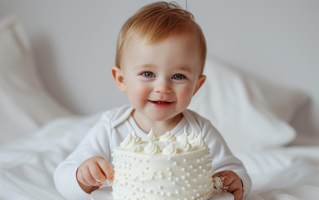 Cute smiling baby boy holding a birthday cake