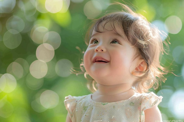 Cute smiling baby girl outdoors in a park portrait of a happy little child looking up and laughing