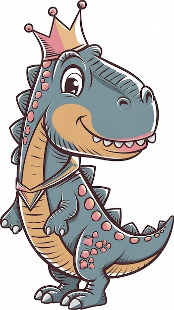 Cute smiling dinosaur with crown cartoon style