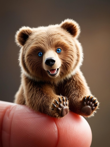 Photo cute and smiling grizzly bear on the tip of a person s finger