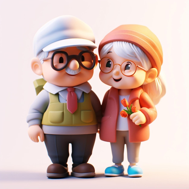 Cute smiling happy elderly couple elderly grandparents 3d realistic cartoon family characters