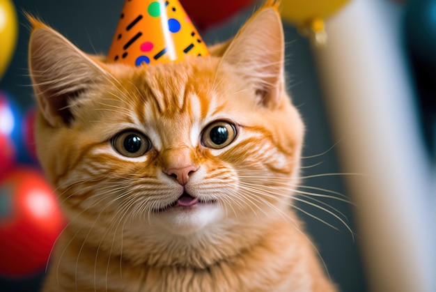 A cute smiling kitten at a birthday party Ai generated