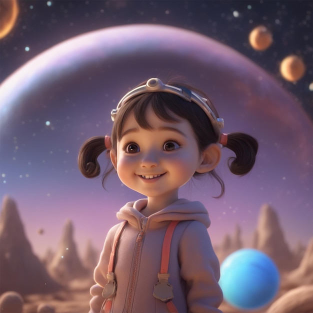 Cute Smiling Little Girl On Saturn In Galaxy Near Planet And Stars Unreal Engine Lighting Artsta