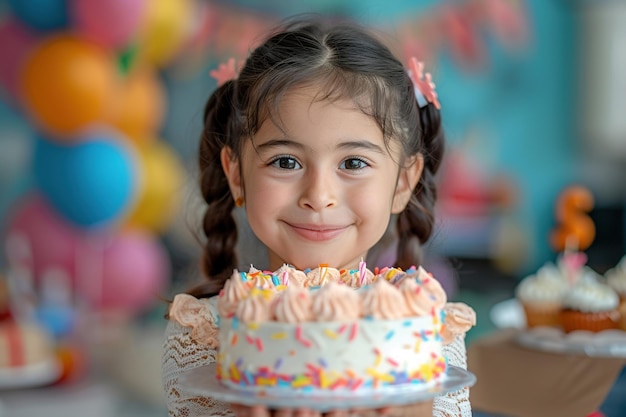 cute smiling little girl with black hair holds a tasty birthday creamy cake