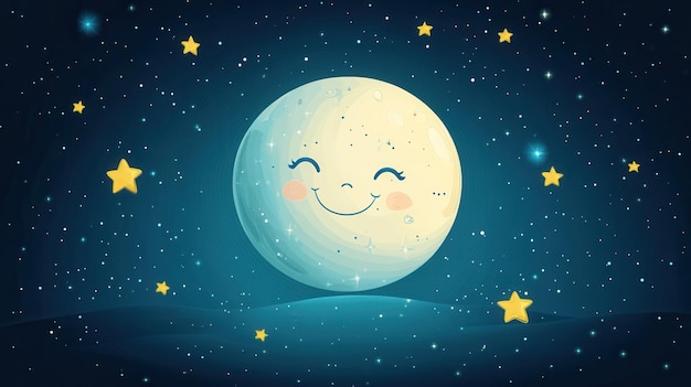 Photo cute smiling moon with stars in night sky cartoon illustration