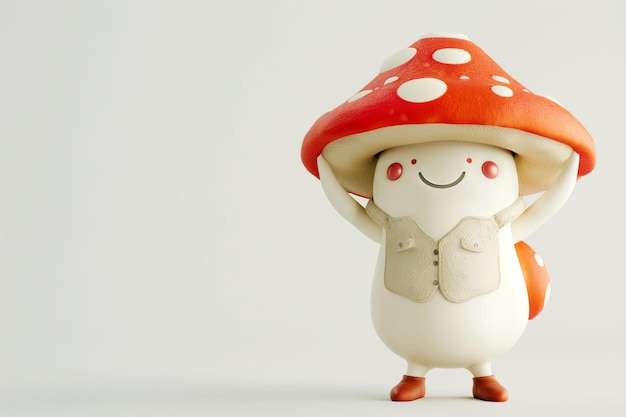 Cute smiling mushroom character with red cap and white spots standing happily on light background