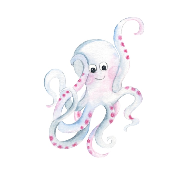 Cute smiling octopus isolated on white background Watercolor hand drawn illustration