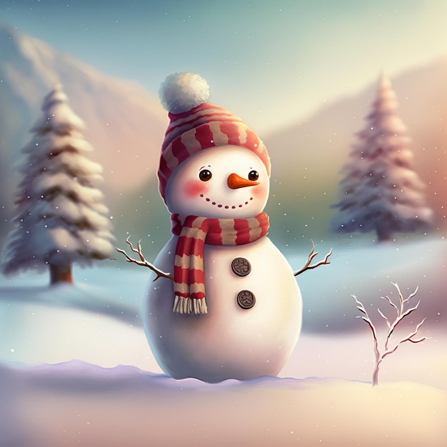 Cute smiling snowman in red hat and scarf on winter background with firs and snowflakes Christmas illustration