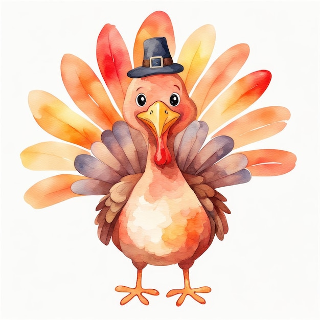 Photo cute smiling turkey with colorful feathers and pilgrim hat perfect for thanksgiving themed designs this watercolor illustration brings joyful and festive spirit