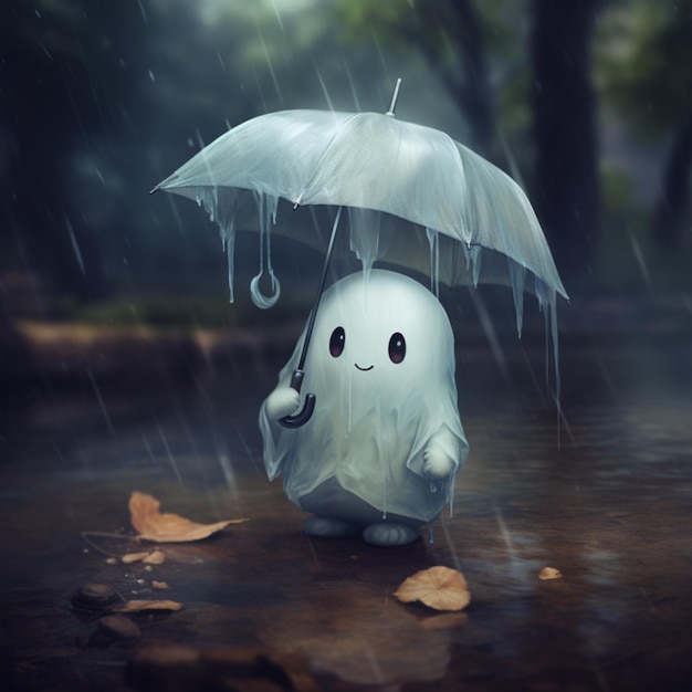 Cute Smiling White Ghost Holding Umbrella Raining