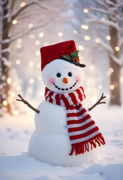 A cute smiling white snowman wearing winter hats and against a snowy