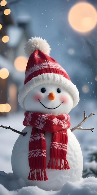 A cute smiling white snowman wearing winter hats and against a snowy