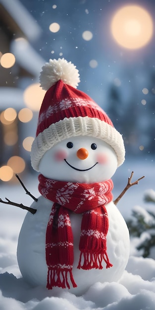 A cute smiling white snowman wearing winter hats and against a snowy