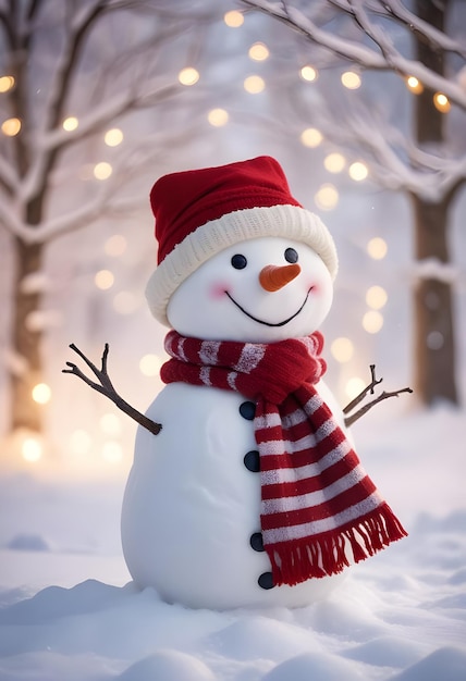 A cute smiling white snowman wearing winter hats and against a snowy