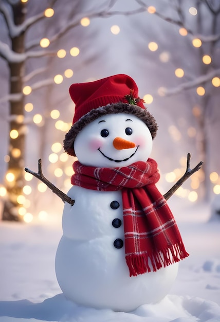 A cute smiling white snowman wearing winter hats and against a snowy