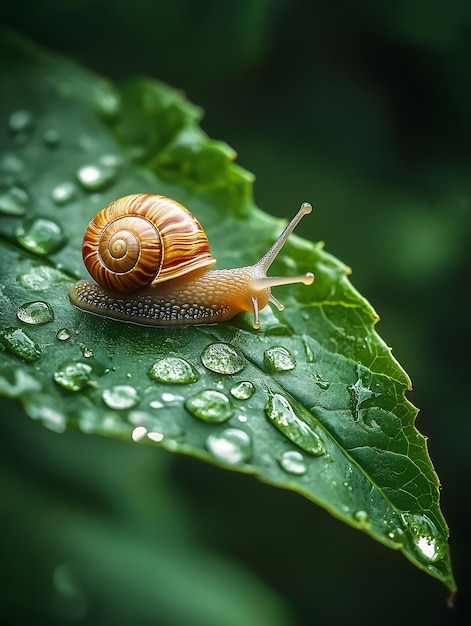 Photo cute snail on a fresh green leaf