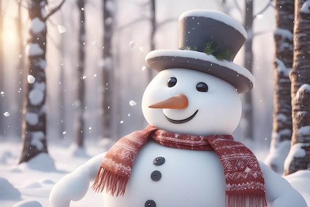 Cute snowman happy with snow in snowy forest