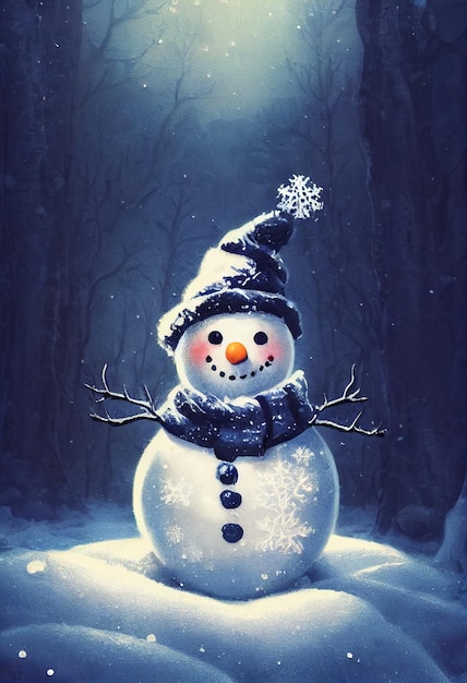 Cute Snowman in snowy forest scenery