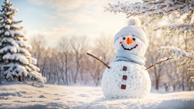 Cute snowman on a snowy meadow