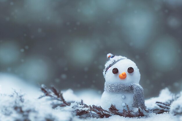 Cute snowman standing on snowy field in winter Christmas and happy new year greeting card