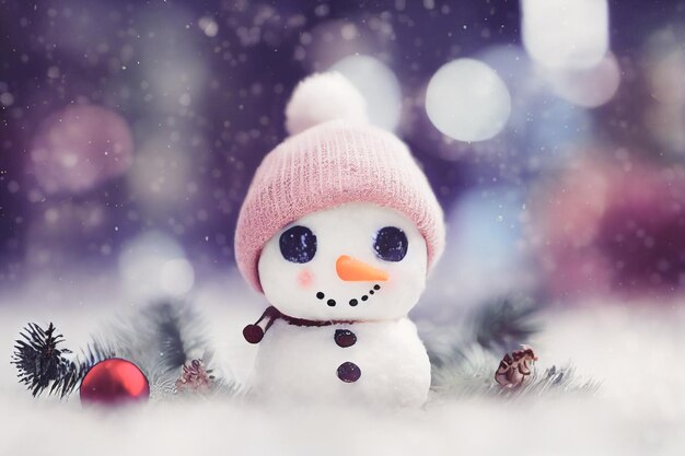 Cute snowman standing on snowy field in winter Christmas and happy new year greeting card