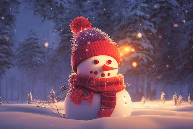 Cute snowman standing on snowy field in winter Christmas and happy new year greeting card