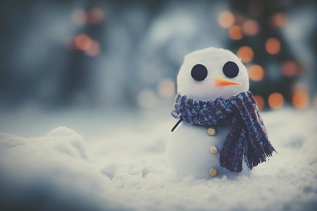 Cute snowman standing on snowy field in winter Christmas and happy new year greeting card