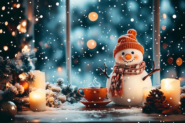 Photo cute snowman winter scene with snowflakes by the window