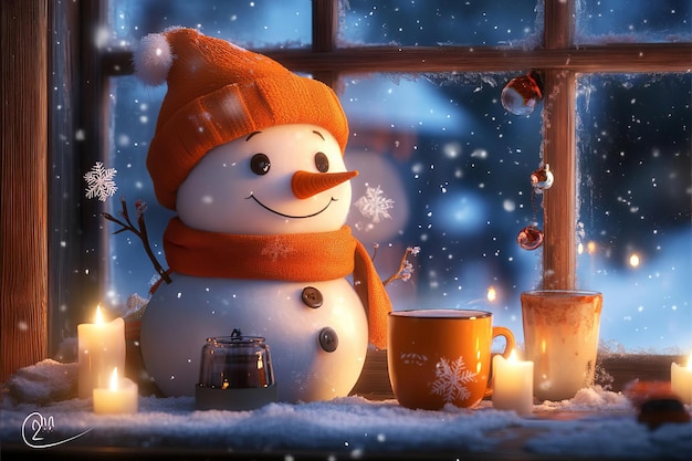 Photo cute snowman winter scene with snowflakes by the window