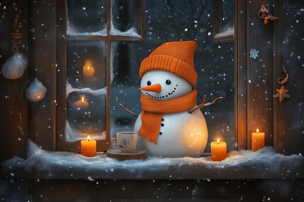 Photo cute snowman winter scene with snowflakes by the window