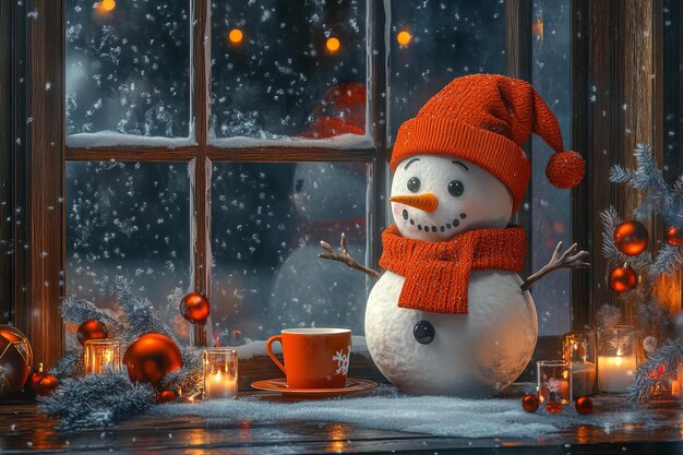 Photo cute snowman winter scene with snowflakes by the window