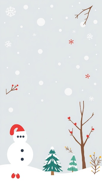 Cute snowman in winter wonderland with a hat red berries on bare branches and snowcovered trees