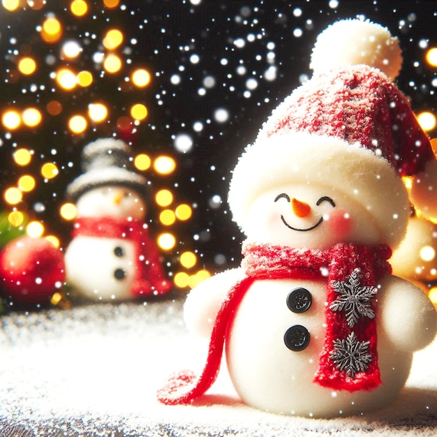 a cute snowman with snow fall on the background