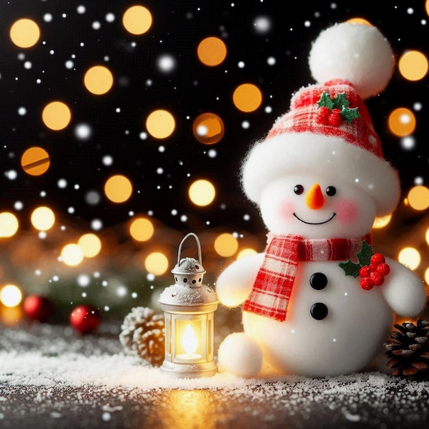 a cute snowman with snow fall on the background