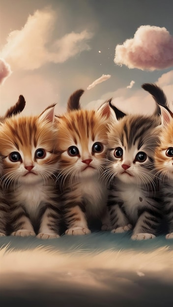 Cute soft kittens with bright eyes lined up and eager for fun