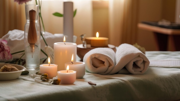 Cute Spa Background with Candles and Towels Illustration AI GenerativexA