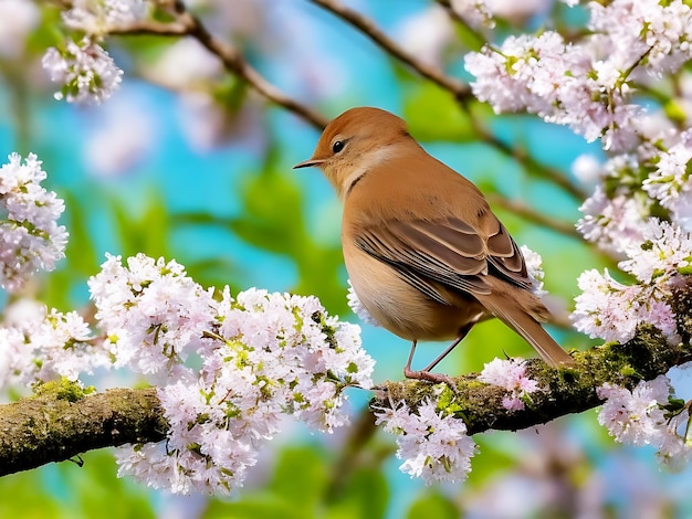 Cute sparrow bird on a cherry branch with many flowers Generative AI