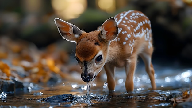 Photo cute spotted fawn drinking from stream realistic animal image