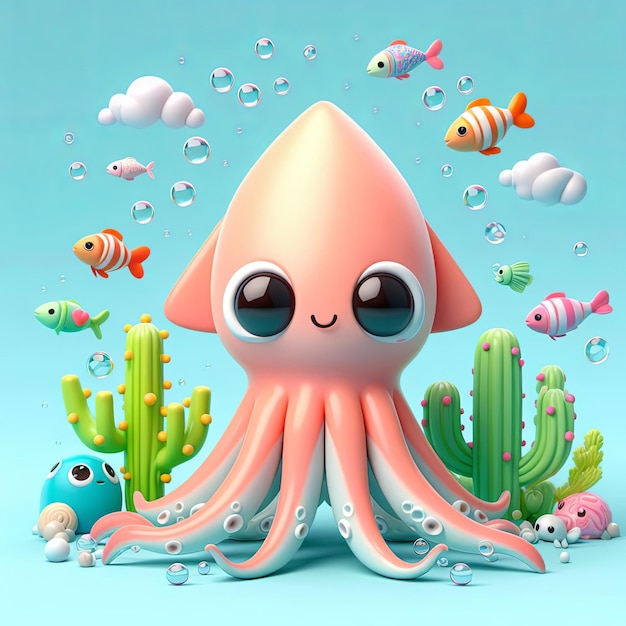 Photo cute squid cartoon 3d